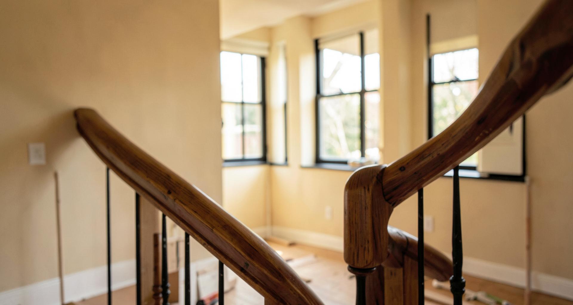 Freshly painted interior with a stained wood handrail and new windows